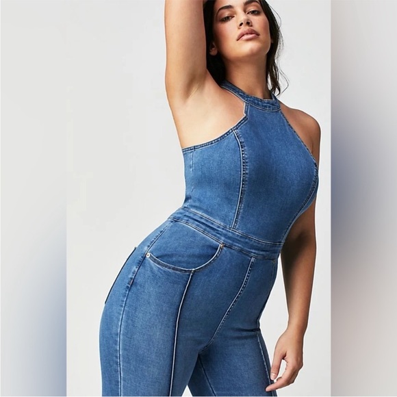 Free People Crvy Sydney Denim Flare High Neck Jumpsuit We The Free New Size 16 - Picture 10 of 10